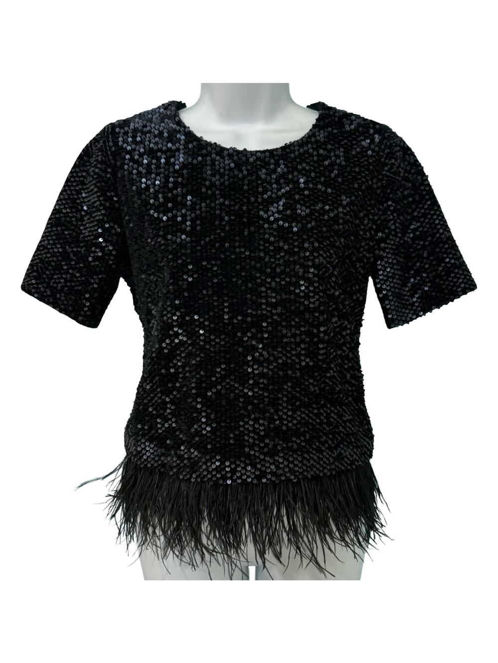 Ann Taylor Black Sequin Short Sleeve Feather Trim Round Neck Shirt Top Size XS